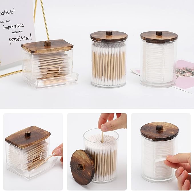 Tbestmax 4 Pack Qtip Holder Dispenser, 10/7oz Bathroom Container for Cotton Ball Cotton Swabs Pads, Apothecary Jar with Wood Lids for Organizer and Storage (Brown)