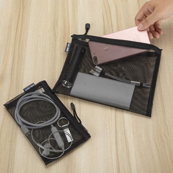 HRX Package Nylon Mesh Cosmetic Zipper Bags, 6PCS Black Makeup Pouches Travel Organizer Case for Purse Diaper Bag (A5 x 3pcs, A6 x 3pcs)