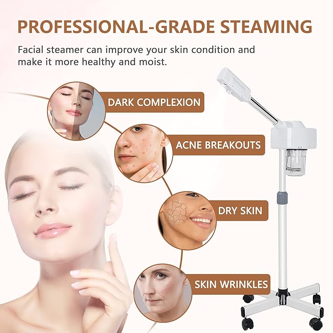 Nova Microdermabrasion Professional Facial Steamer On Wheels Ionic Ozone with Hot Mist Function Stand Facial Steamer for Personal Home Salon Spa Skin Cleaning