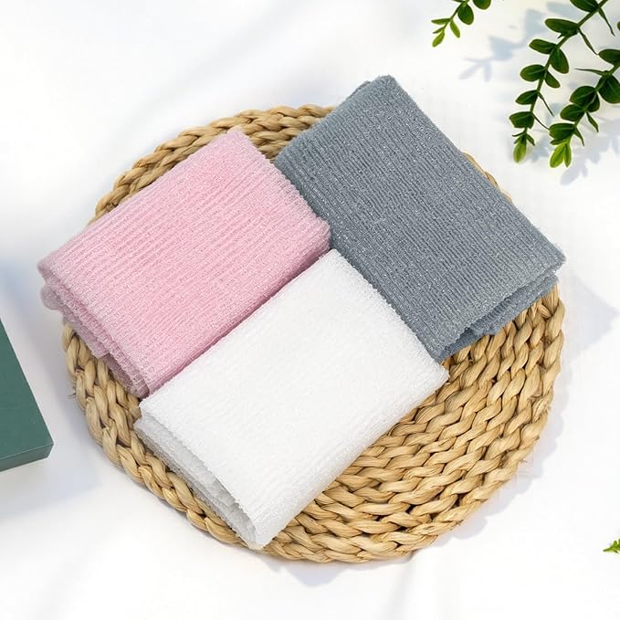 Exfoliating Washcloth, Nylon Bath Towel Body Scrubber with Hanging Strap, Back Scrubber for Shower Japanese Washcloth Loofah - Deep Clean & Rich Lather (Pink & White & Grey, Pack of 3)