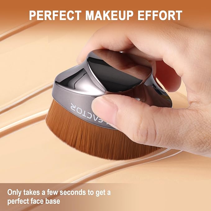 Flat Top Foundation Makeup Brush - Hexagon Kabuki Powder Make Up Brushes Soft and Dense Bristles with Protective Case for Liquid, Blending, Body, Self-tanner, Cream, Buffing (Dark Silver)