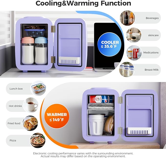 Mini Fridge, 4 Liter/6 Can Mini Makeup Fridge, 110V AC/ 12V DC Portable Thermoelectric Cooler&Warmer for Skincare, Drink, Cosmetic, Medicine, Small fridge for Bedroom, Office, Dorm, Car, Purple