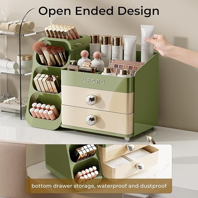 Makeup Organizer for Vanity with Brush Holder, Countertop Skincare Organizer with 2 Drawers, Spacious Cosmetic Display Case for Perfumes, Eyeshadow Palettes, Nail Polishes