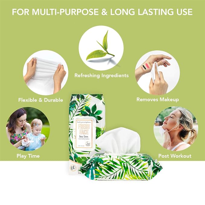 Body Prescriptions Tea Tree Facial Wipes, Moisturizing, Deep Cleansing Face Towelettes, Refreshing + Nourishing, Gentle Cleansing Cloths, 50 Count (Pack of 1), Tea-Tree