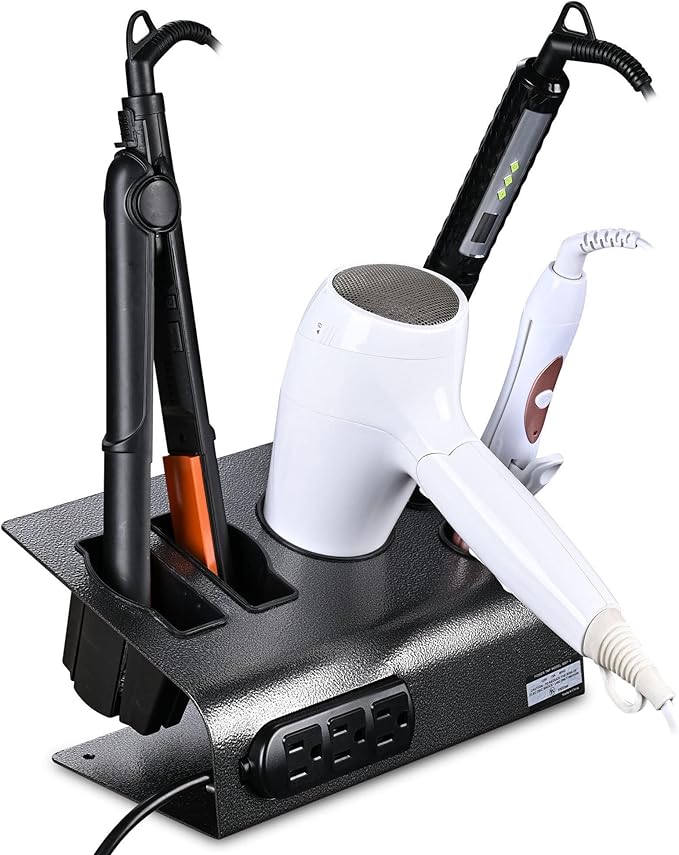 BYOOTIQUE 6-Hole Tabletop Blow Dryer & Hair Iron Holder Salon Appliance Stand with 3 Outlets Hair Tool Organizer Hot Tools Organizer for Stylist Straightener Bathroom Supplies (2 Pack)