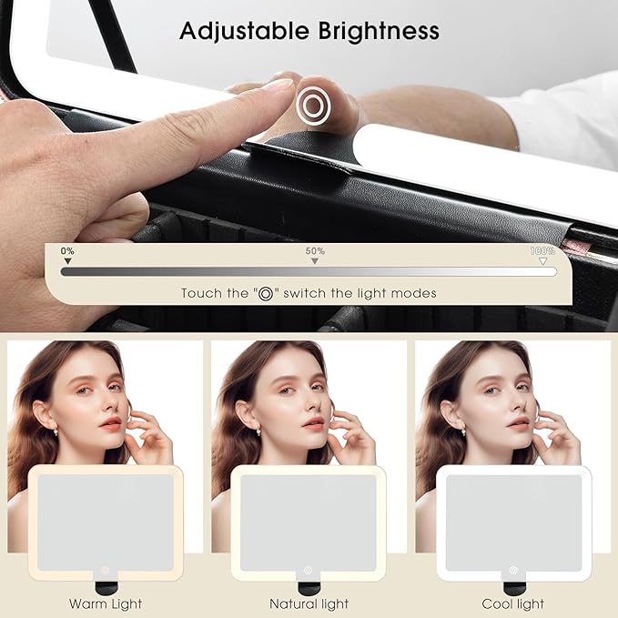 Leather Makeup Case with LED Lighted Mirror 11.4 Inch Travel Makeup Bag Adjustable Brightness in 3 Colors Cosmetic Organizer Artist Storage Bag with Dividers Brush Holder Storage Vanity Pink
