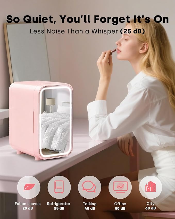 Enventor Mini Skincare Fridge Small Refrigerator for Bedroom, Beauty Fridge for Makeup with Dimmable LED Mirror, 6 L / 8 Cans Compact Portable Cooler for College Dorm, Office, Car, Pink