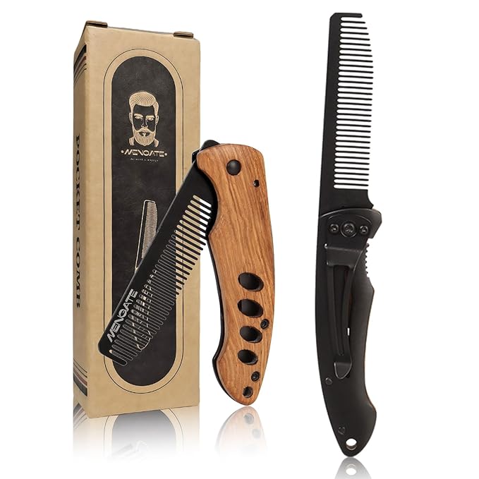 1PC Small Folding Pocket Beard & Mustache & Hair Styling Comb for Men - Metal Tactical Grooming Tool with Wooden Handle for Travel & Home Use - Idea for Stocking Stuffers - Length 6.57inch - Black