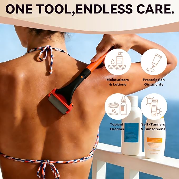 Lotion Applicator for Back & Body - Extendable up to 21.5" Back Lotion Applicator with 3 Roller and 2 Finger caps for Back self, Lotion Stick & Sunscreen Applicator for Skin Cream, Oils & More