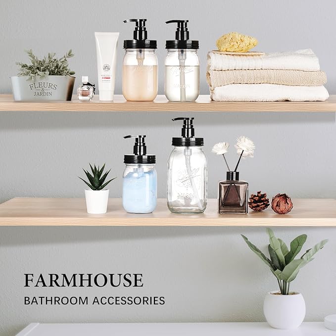 Amolliar Plastic Mason Jar Soap Dispenser with Pump Lid,16OZ Refillable BPA-Free Hand Soap Dispenser Set with Cute Lables - Farmhouse Decor for Kitchen/Bathroom,Liquid Soap,Dish Soap, Lotion (2 Pack)
