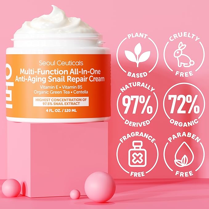 SeoulCeuticals Large 4oz 97.5% Snail Mucin Moisturizer Cream Korean Skin Care Day & Night Snail Repair for Face - K Beauty Anti Aging Facial Skincare (Pack of 2)