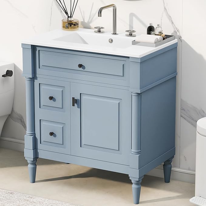 Harper & Bright Designs 30" Bathroom Vanity with Sink, Free Standing Bathroom Vanity Set with Flip Drawer, 2 Drawers, and Adjustable Shelf, Storage Cabinet with Ceramic Basin for Bathroom, Blue Grey