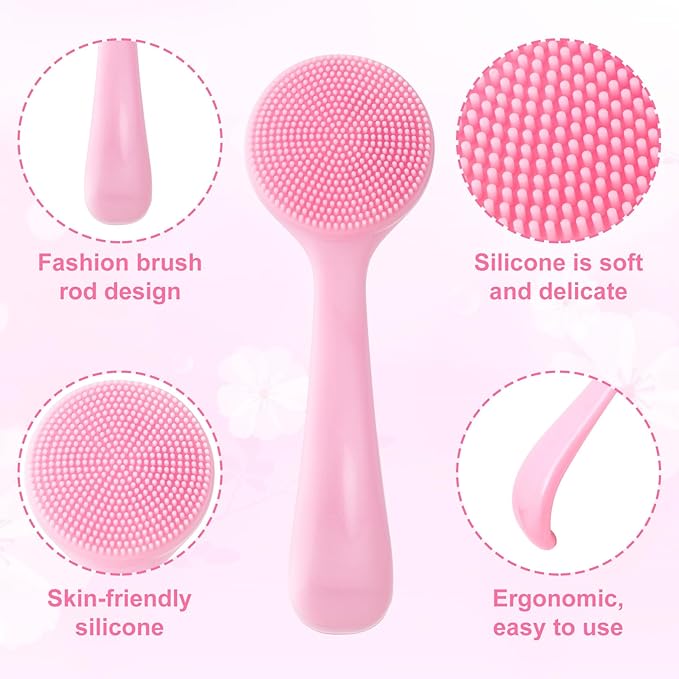 Silicone Manual Facial Cleansing Brush, Skin Friendly Waterproof Face Cleaning Scrubber Exfoliator Cleanser for Blackheads Whiteheads Makeup Residues Removal- Pink