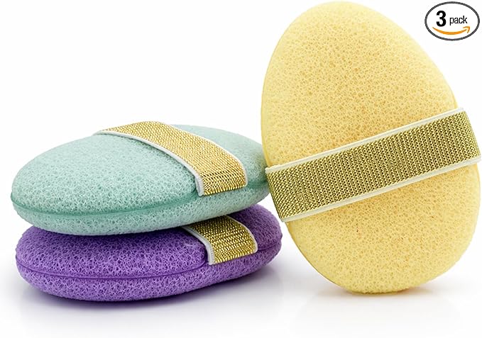 Facial Sponges for Cleansing, Exfoliating Face Sponge with Upgraded Elastic Strap, Reusable Makeup Remover Pads for Daily Wash & Gentle Exfoliating, 3-Pack Face Scrubber Oval(Blue Purple Yellow)