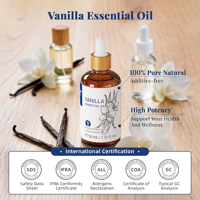 HIQILI 1 Fl Oz Vanilla Essential Oil, Undiluted Natural Strong Fragrance Add in Skin Perfume, Unscented Lotion, Candle Soap Making Scent, Relax at Home with Diffuse Warm Sweet Aroma