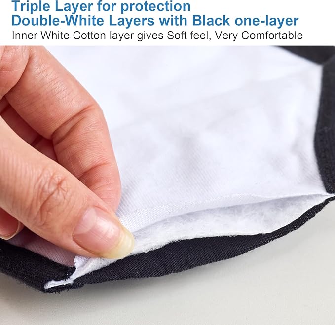 Pack 3 Black Cloth Dust Mouth Mask - 3 Layers All Cotton - Reusable Washable Comfy Breathable Material