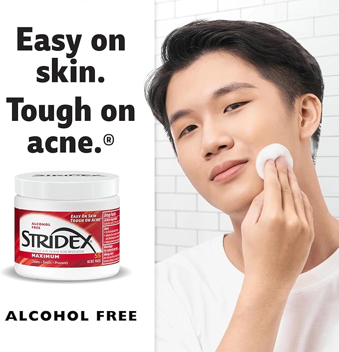 Stridex Medicated Acne Pads, Maximum, 55 Count – Facial Cleansing Wipes, Alcohol Free, Acne Treatment for Face, For Moderate Acne, Smooth Application
