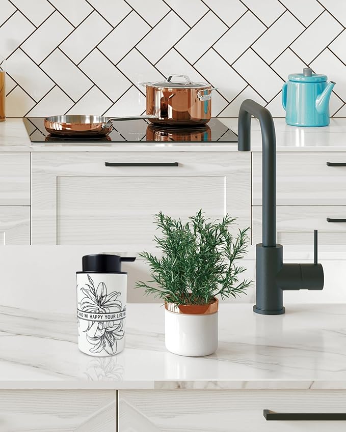 Ceramic White Foam Soap Dispenser for Bathroom & Kitchen,Lily Pattern Hand Sanitizer Bottle,Chic Home Deco (Foam)