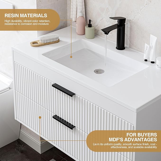 36 Inches Modern MDF Bathroom Vanity with Sink, Wall Mounted Floating Cabinets w/Double Drawers, Black Handles, White Resin Sink Combo Set (White, 36")