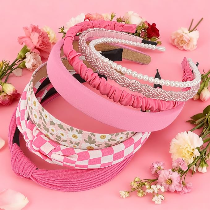 AHONEY 7 Pack Hot Pink Headbands for Girls Women Headbands Trendy Checkered Non Slip Cute Y2K Hair Accessories Multi-style Headband Pack Diademas Para Mujer