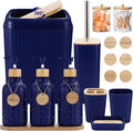 Navy Blue Bathroom Accessories Set 17PCS Bathroom Set with Trash Can 3PCS Lotion Soap Dispenser, Toothbrush Holder,6PCS Wood Tags Bath Accessories with Tray for Kitchen Bathroom