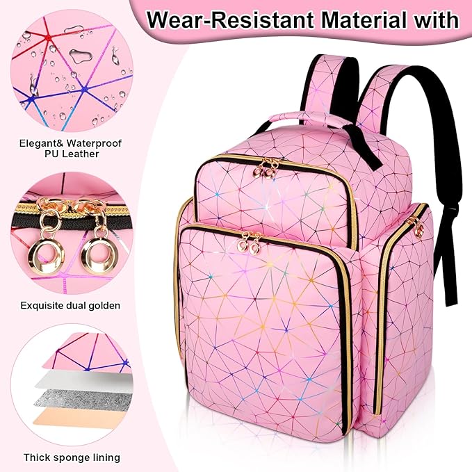 Nail Polish Organizer Backpack Holds 126 Bottles& Nail Lamp, Extra Large Nail Kit Supplies Organizer Bag with 3 Removable Cases, Portable Nail Organizers and Storage for Trave (PU Leather Pink)
