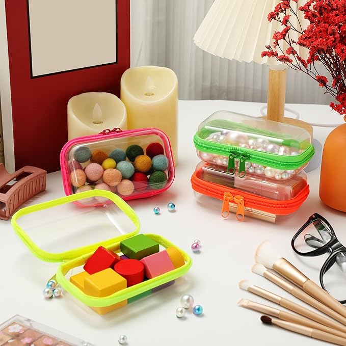 Hoolerry 4 Pcs Hard Clear Zipper Case Makeup Bags Plastic Zipper Pouch Transparent Storage Box Containers for Cosmetics, Snacks, Building Blocks, Puzzles(Clear,5 x 3 x 2 in,Fluorescent)