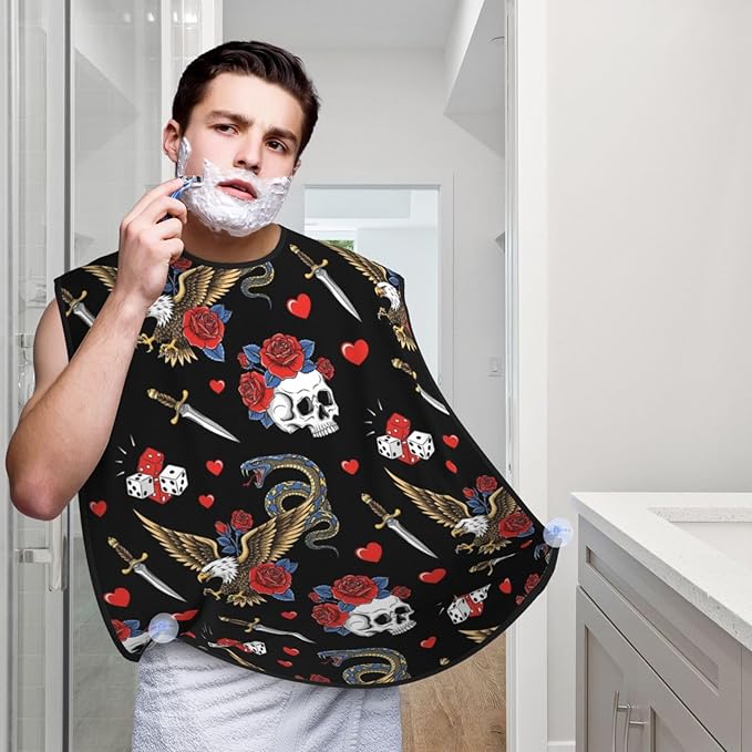 Adjustable Beard Catcher Apron, Vintage Rock Snake Knife Wild Eagle Rose Skull Shave Bib, Non-Stick Waterproof Grooming Bib, Shaving Essential for Men Dad Christmas
