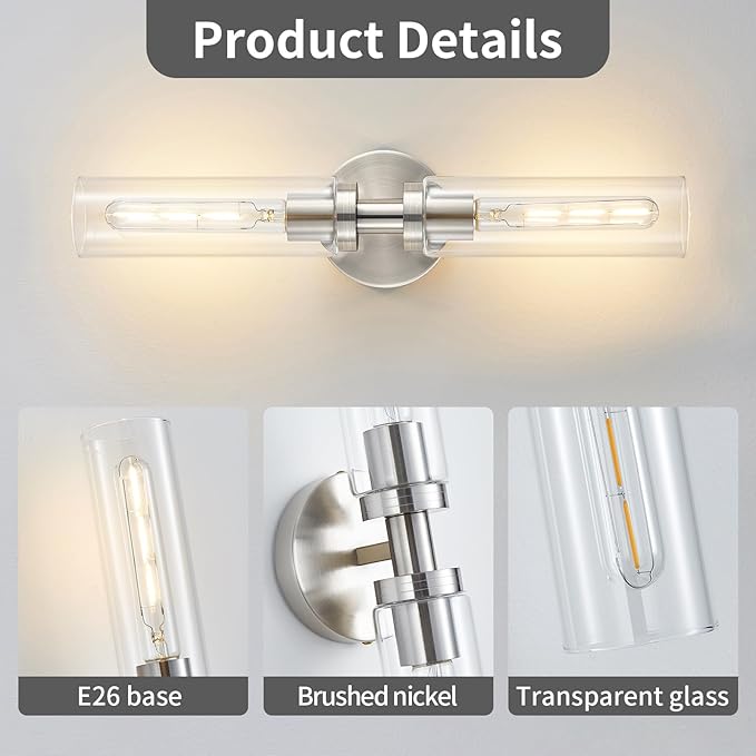 2-Light Brushed Nickel Bathroom Light Fixtures Over Mirror Modern Vanity Light Wall Lighting with Clear Glass Shade for Bathroom, Bedroom, Hallway, Cabinet