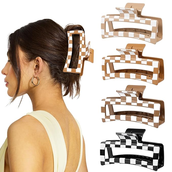 4 PCS 5 Inch Checkered Hair Claw Clips for Women - Square Checker Extra Large Claw Clips, Rectangle Durable Claw Clips for Thick Long Curly Hair, Hair Accessories for Daily, Dating, Work & Travel