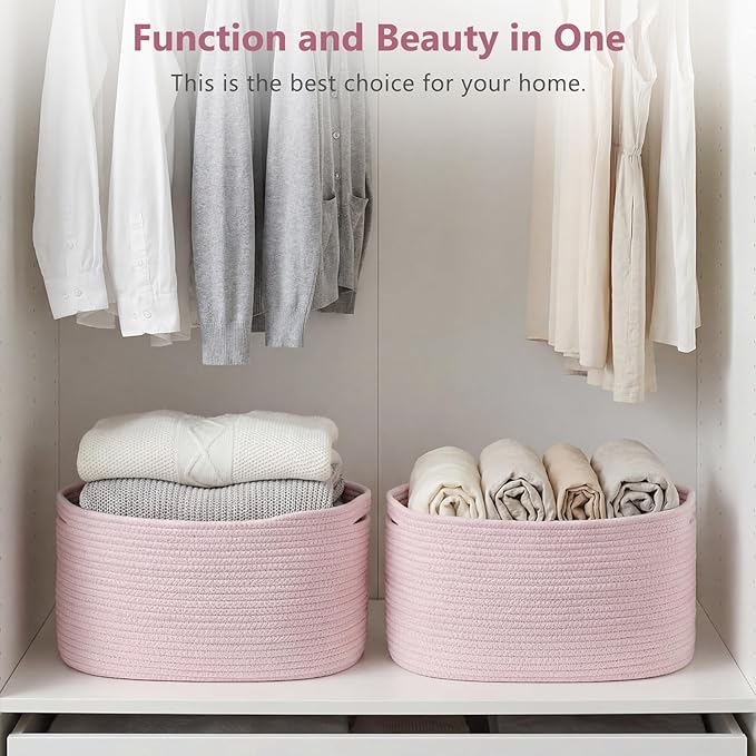 Cotton Rope Storage Basket, 15x10x9 Inches, Woven Basket for Shelves, Clothes, Towels, Books, and Laundry, Light Pink (2 Pack)