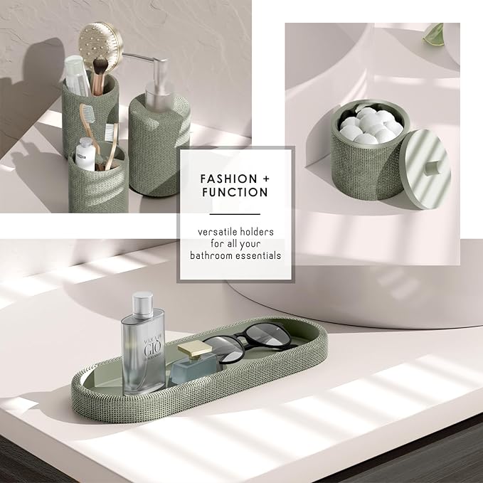 Clara Clark Bathroom Set - Sage Green Bathroom Accessories Set, 5PC Bathroom Accessory Set, Bathroom Sets with Soap Dispenser, Toothbrush Holder, Tumbler, Cotton Swab Jar & Vanity Tray
