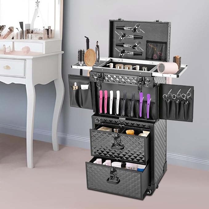 Rolling Lockable Makeup Train Case With Metal Universal Wheel, Cosmetic Storage Box Cases, 32In-Retro Travel Organizer Tool Box w/Combination Locks for Stylist, Beauty, Makeup Artist (Black2)