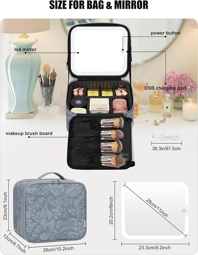 Relavel Travel Makeup Bag With LED Mirror for Women, Cosmetic Organizer Bag with Adjustable Brightness in 3 Color Scenarios, Detachable Dividers, Waterproof Train Case for Daily - Dark Blue FLowers