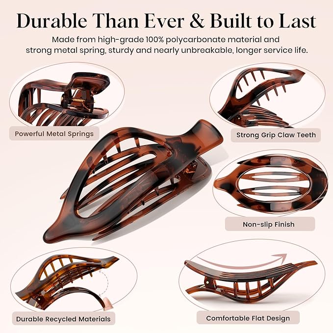 4 PCS Large Flat Hair Clips for Women Girls, French Concord Lay Down Claw Clips Strong Hold for Thick Thin Hair, Comfortable Curved Flat Clip, Leopard Print Stylish Hair Accessories, Tortoise