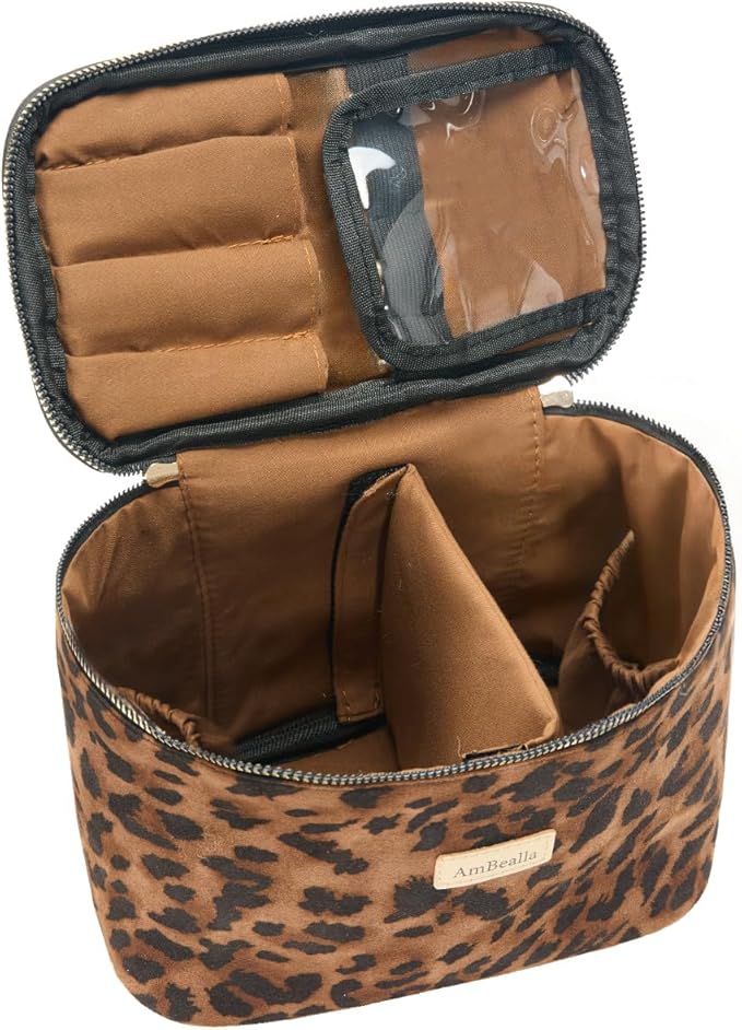 AmBealla Large Makeup Travel Bag Cosmetic Bags with Makeup Mirror and Brush Holder,Makeup Organizer Leopard Print for Women,Portable Toiletry Bag for Fashion Girls