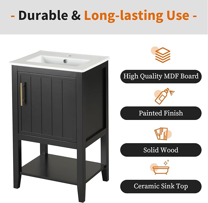 Bellemave 20" Small Bathroom Vanity with Sink, Modern Bathroom Storage Cabinet with Door and Storage Rack, Free Standing Single Basin Vanity with Open Shelf, Undermount Ceramic Sink, Black
