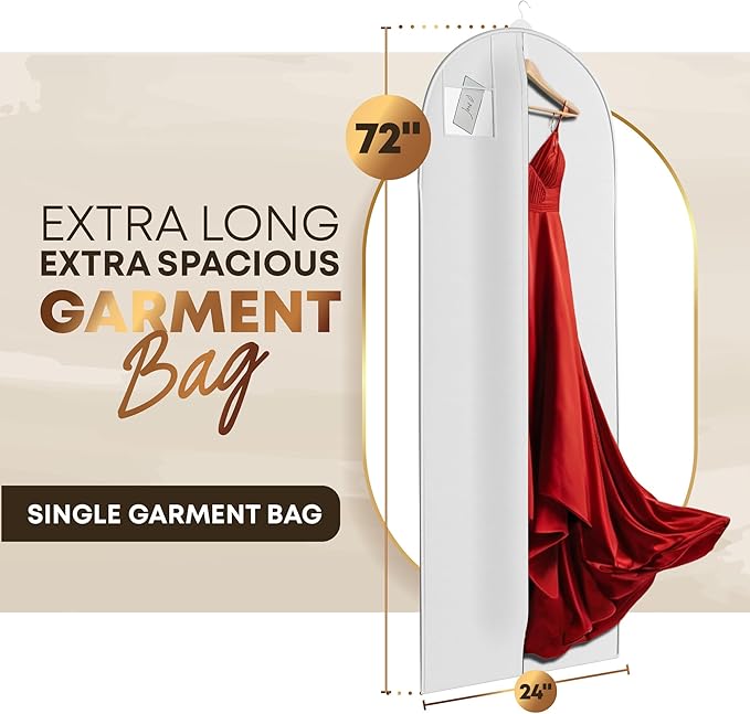 72" Long Dress Bags for Gowns - Wedding Dress Garment Bag for Dresses - Long Garment Bags for Hanging Clothes & Closet Storage - Durable Travel Bag for Women with ID Window