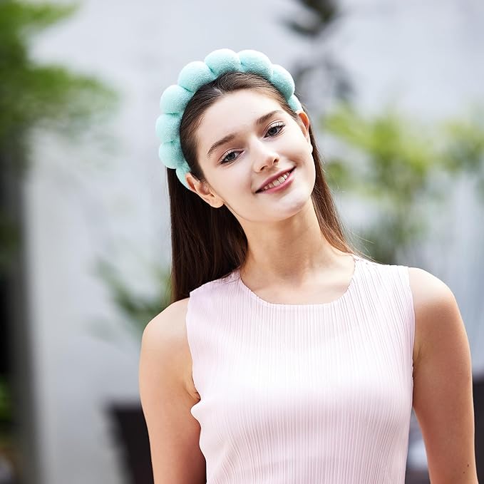Spa Terry Cloth Face Washing Headband Combo - Set of 2 Puffy Makeup Headbands for Facial Care (Blue + Turquoise)