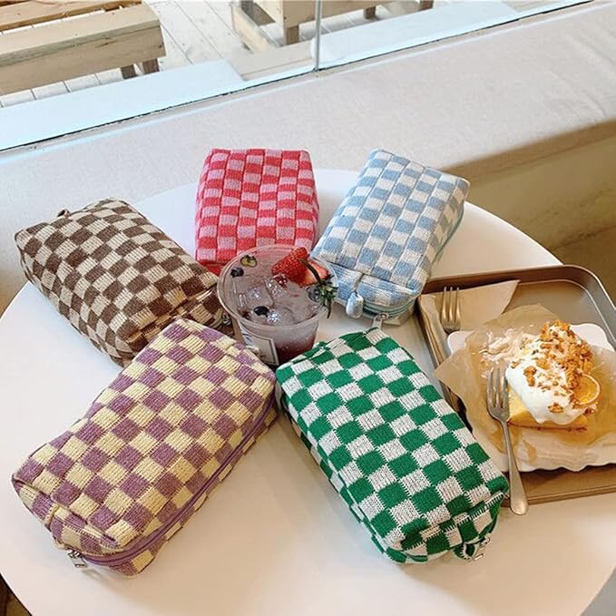 SxoSyo 2 Pcs Cosmetic Bags for Women Makeup Bag Purse Travel Toiletry Zipper Storage Pouch Make up Brushes Organizer for Gifts (Checkered, Purple 2)