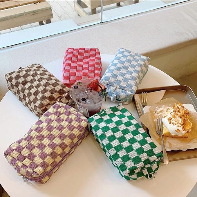 SxoSyo 2 Pcs Cosmetic Bags for Women Checkered Makeup Bag Purse Travel Toiletry Zipper Storage Pouch Make up Brushes Organizer for Gifts (Checkered, green & pink)