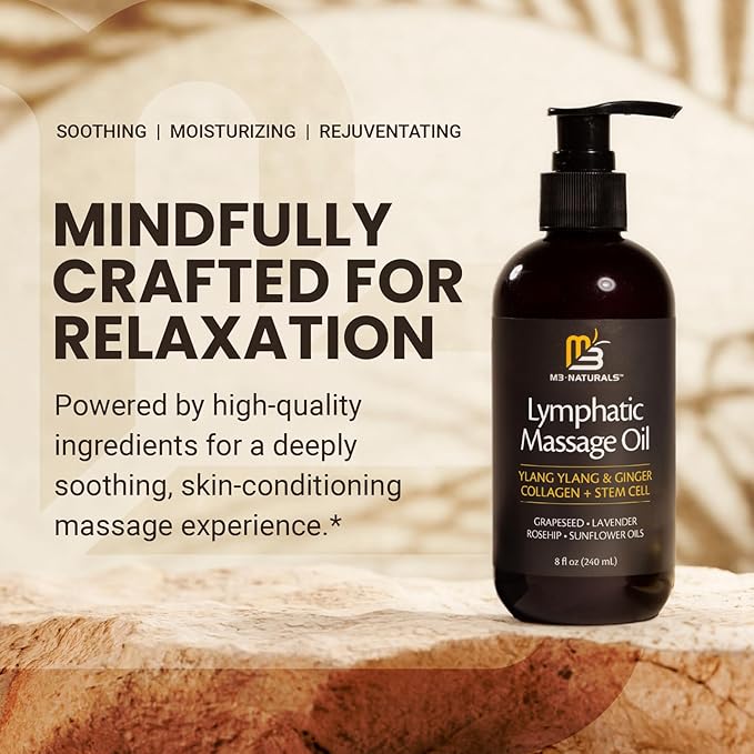 Lymphatic Drainage Massage Oil + Anti Cellulite Roller Kit - Ylang Ylang + Ginger Oil with Collagen & Stem Cells + Contouring Roller for Smooth, Firm-Looking Skin by M3