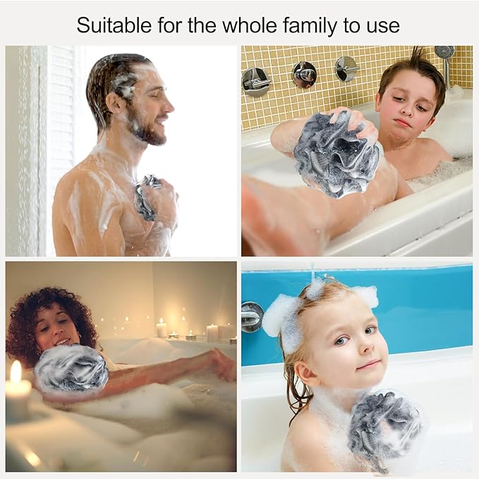 Fishent Loofah Bath Sponge Shower Loofahs, 4 Pack Soft Loofa Exfoliating Body Scrubber Mesh Shower Puff Pouf Ball Luffa for Men and Women(50g/pcs) (Black)