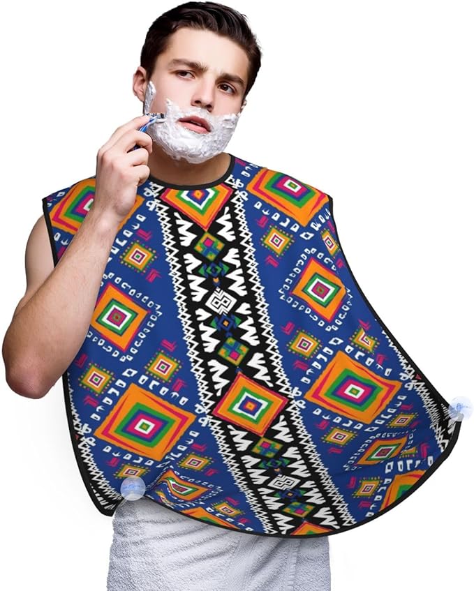 Strong Suction Cup Beard Grooming Bib, Non-Stick Hair Catcher, Waterproof, for Shaving, Geometric Tribal Native American Indian Ethnic Aztec Navajo