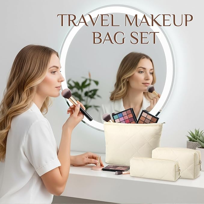 Paterr 3 Pcs Quilted Makeup Bag Set Small Bridesmaid Cosmetic Bag Aesthetic Travel Toiletry Pouch Cute Purse Pencil Case Makeup Storage Organizer for Women Birthday Gifts(Cotton,Beige)