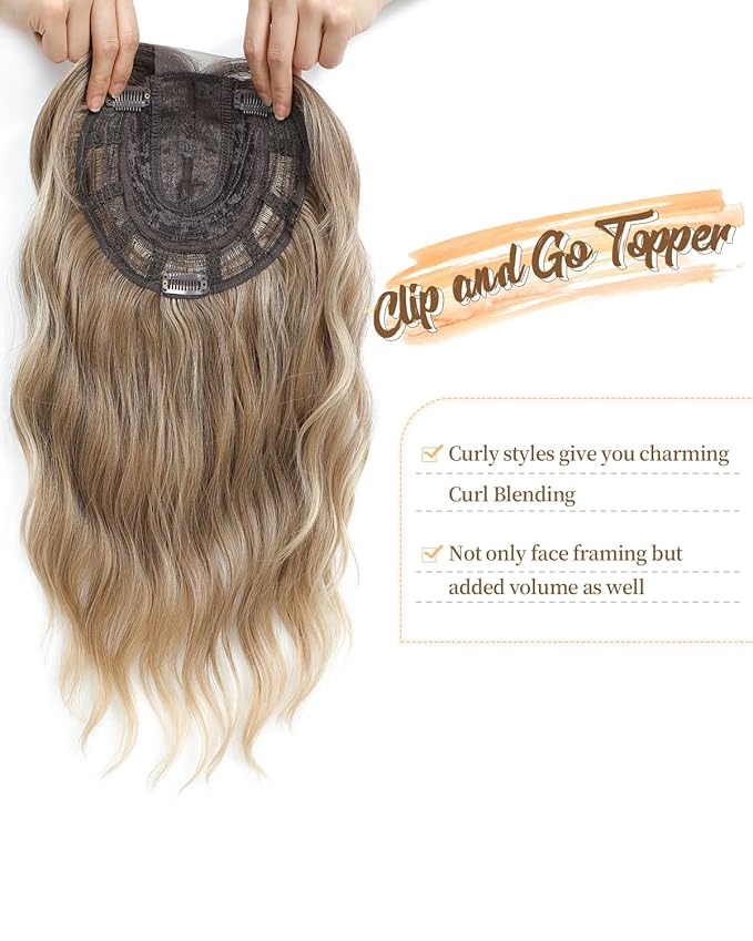 PANEWAY 16Inch Wavy Curly Brown Blonde Hair Topper with Dark Root - Clip In Hair Topper for Women