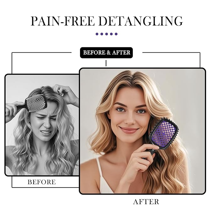 Detangler Brush – 2 Pack Vented Hair Brush for Wet/Dry Hair – Easy, Pain-Free Detangler Brush Reduces Knots & Breakage – For Curly, Straight, Thick or Fine Hair – Women, Men & Kids (Pink+Purple)
