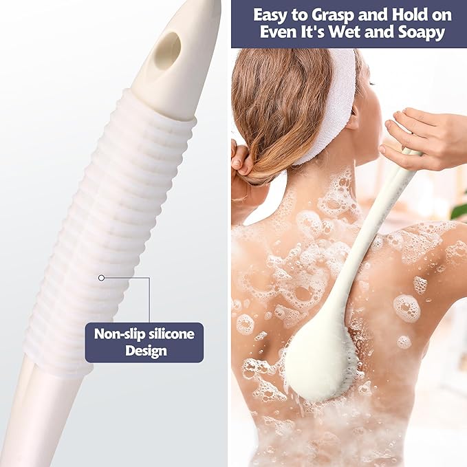 BEDELITE Back Bath Brush Long Handle for Shower of 2 - Soft Shower Brush for Men & Women,Back Brush Scrubber - 16.4" Long Skin Exfoliator for Body Bath Scrubber（Pink & Ivory）