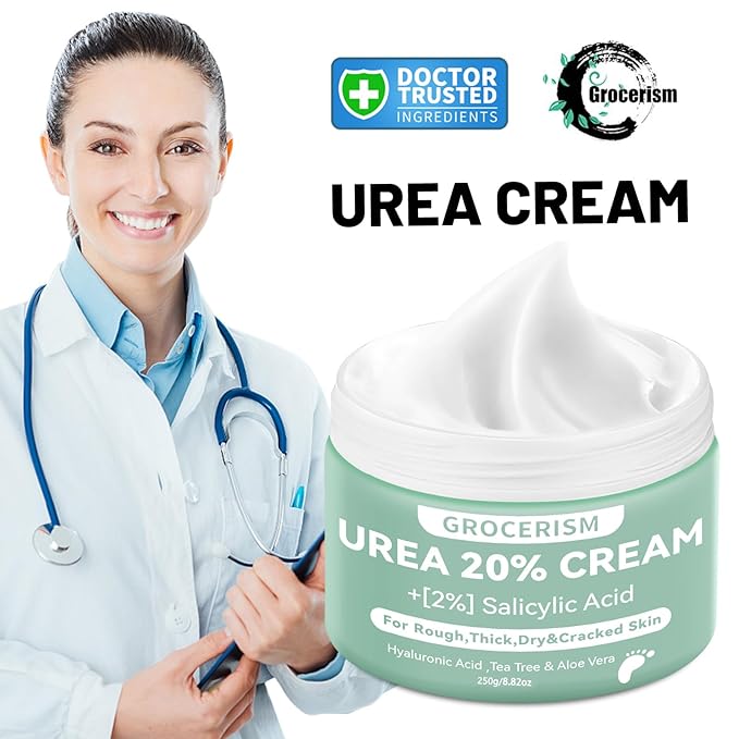 Grocerism Urea Cream 20 Percent For Feet Plus 2% Salicylic Acid 8.82 oz || Foot Cream and Hand Cream Maximum Strength with Hyaluronic Acid, Tea Tree, and Aloe Vera for Deep Moisturizes, Callus Remover