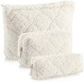 Paterr 3 Pcs Quilted Makeup Bag Set Small Bridesmaid Cosmetic Bag Aesthetic Travel Toiletry Pouch Cute Purse Pencil Case Makeup Storage Organizer for Women Birthday Gifts(Fuzzy,Cream White)